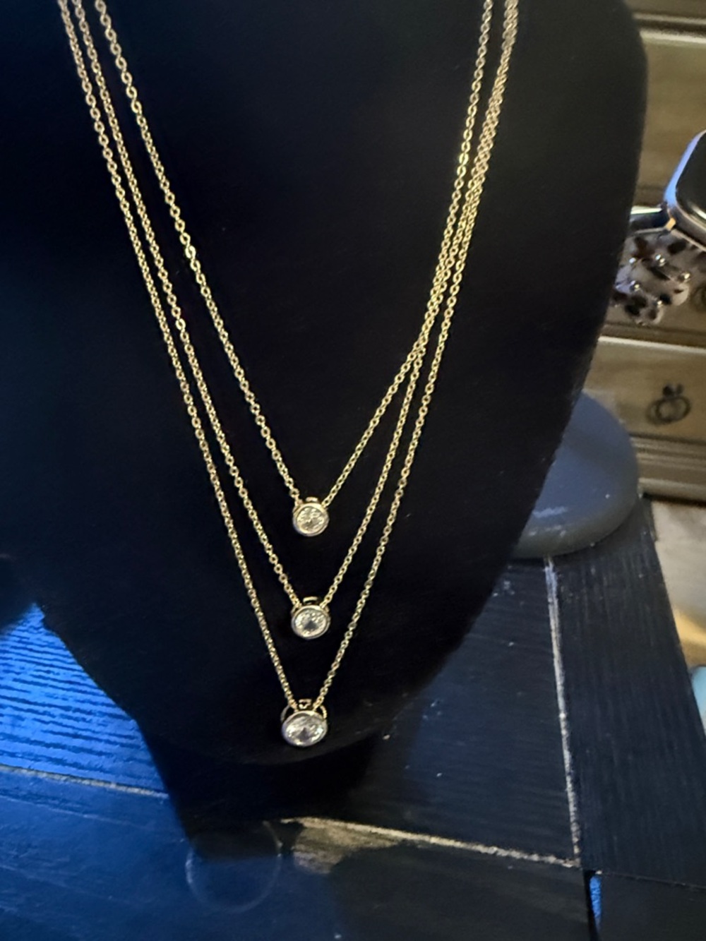 Parklane “Angelic” Gold tone Triple-Layer Necklace. Clear CZ Crystal Pendants